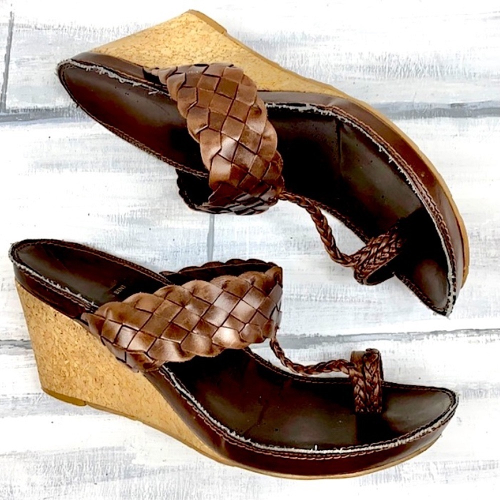 Gianni Bini Brown Braided Cork Wedge Sandals
